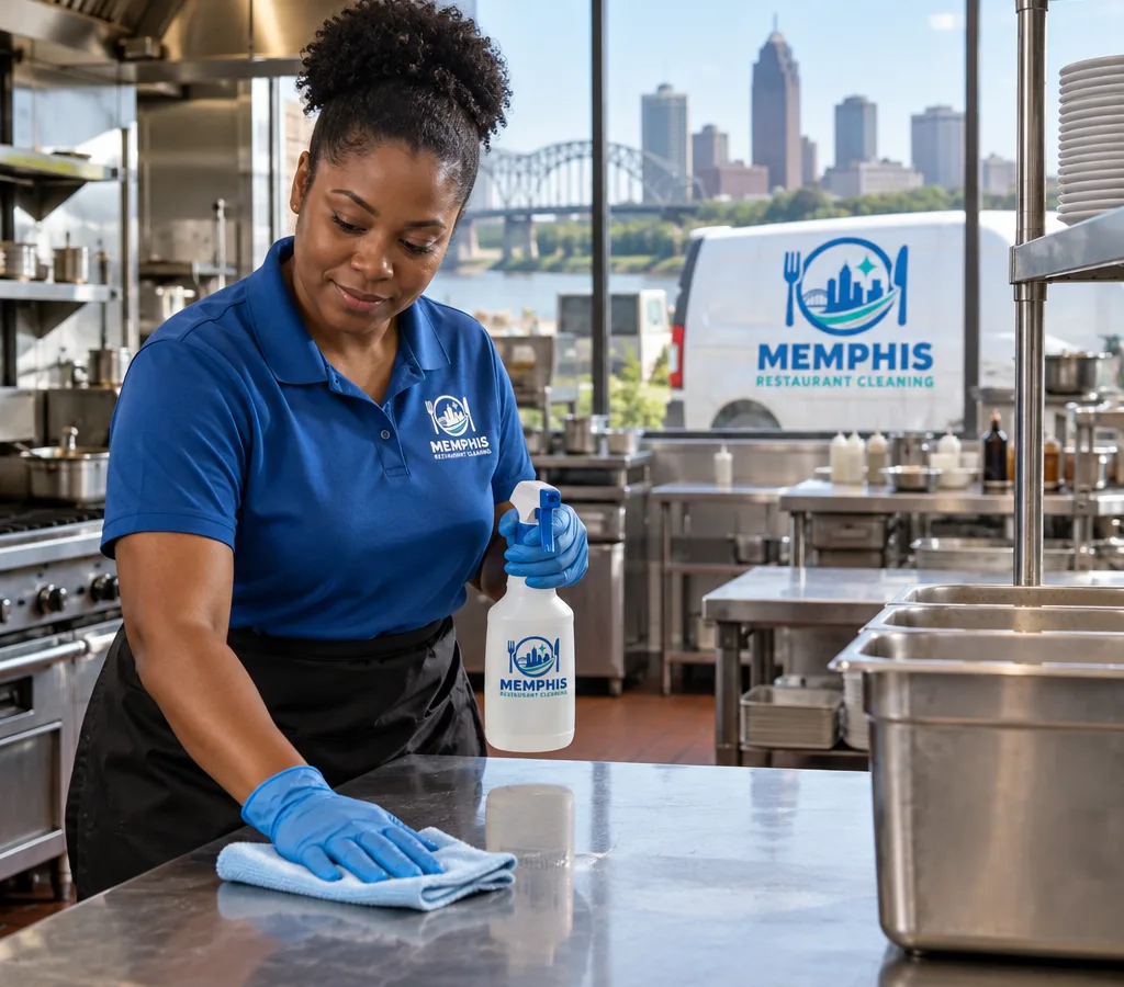 Professional cleaner wiping stainless prep surfaces in a Memphis restaurant kitchen
