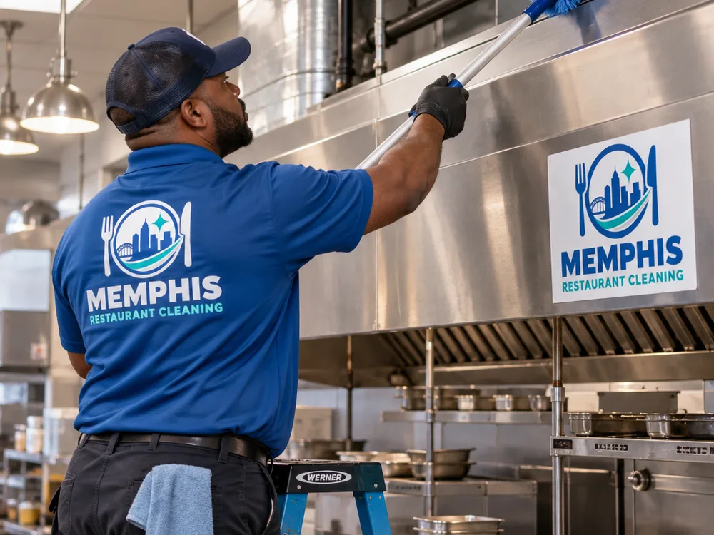 Cleaner high dusting ledges, pipes, vents, and equipment tops above a commercial kitchen line