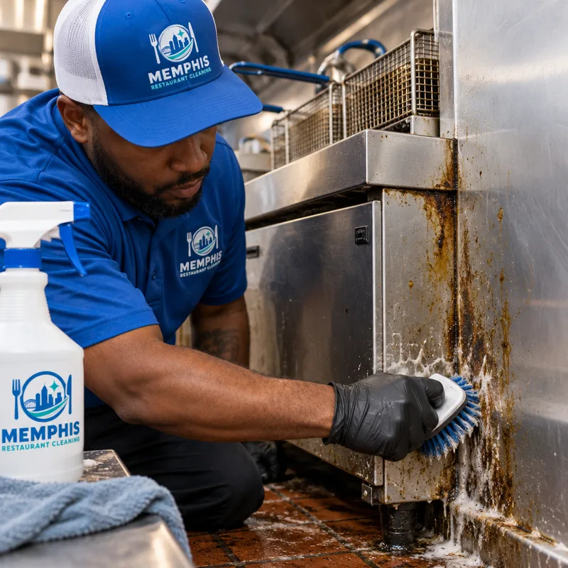 Technician hand-scrubbing greasy buildup from a commercial fryer side panel, base, and adjacent wall corner