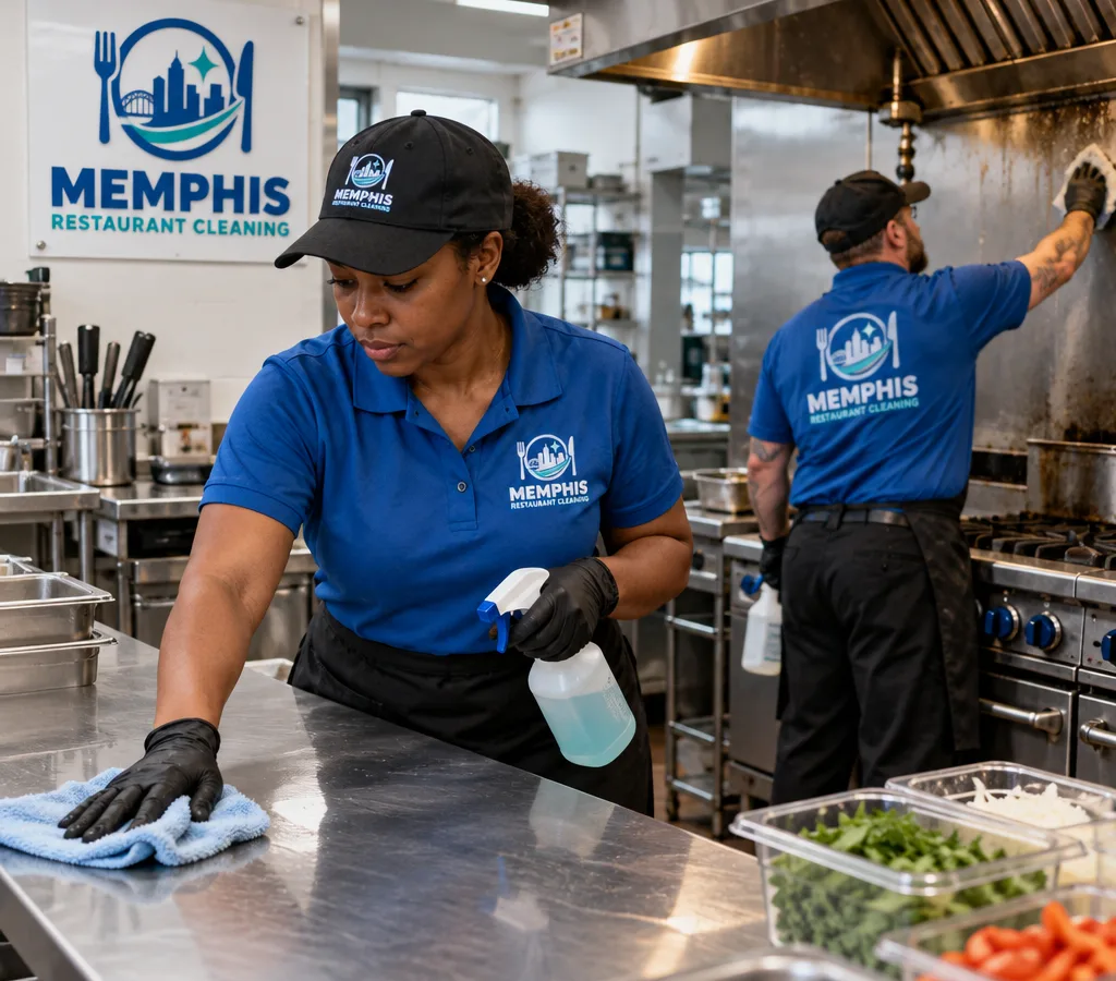 Commercial kitchen cleaners in protective equipment cleaning a stainless prep line and range area in a working Memphis restaurant kitchen