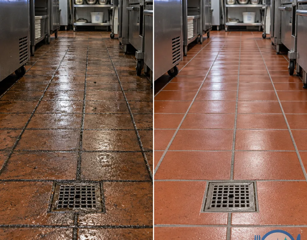 Before-and-after comparison of a commercial kitchen quarry tile floor showing reduced grease film and cleaner grout definition