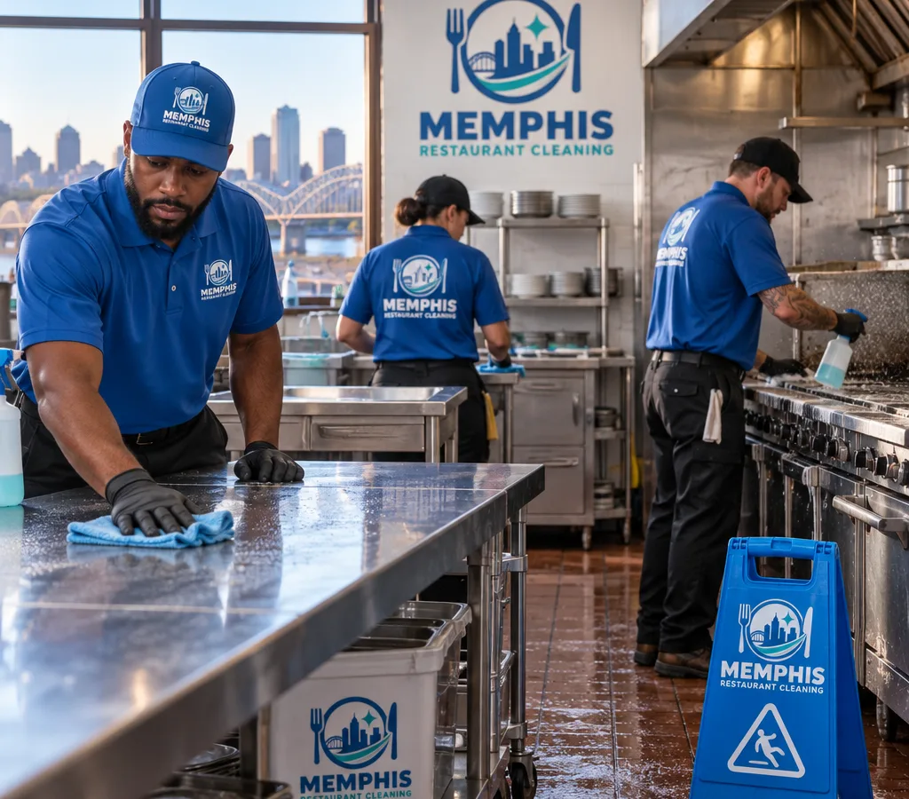 Early-morning commercial kitchen deep cleaning with technicians cleaning stainless prep tables and the cook line in a working restaurant