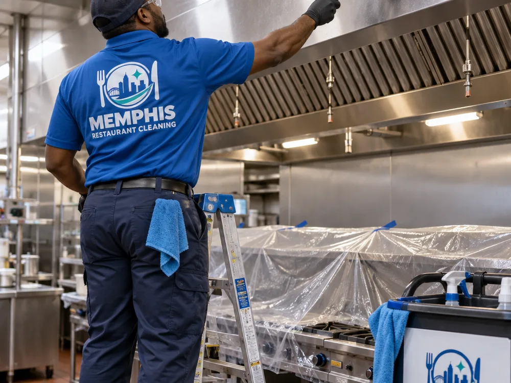 Technician safely high dusting above a commercial cook line and cleaning a vent hood exterior with food-contact surfaces protected
