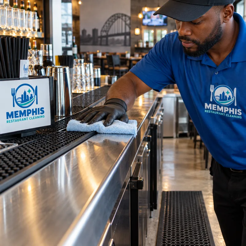 Clean restaurant bar rail, polished stainless, and clean floor line beneath the bar mats