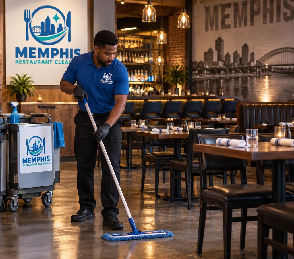 After-hours cleaner mopping a commercial Memphis restaurant dining room with the tables set and bar visible