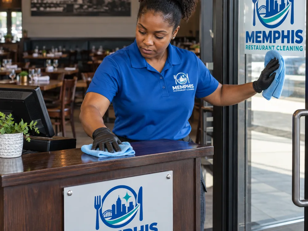 Cleaner sanitizing a restaurant host stand and polishing entry glass with the dining room behind