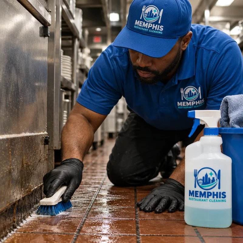 Nighttime cleaner scrubbing restaurant tile grout at a floor edge with proper tools and labeled cleaning chemicals