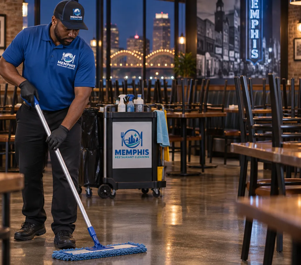 After-hours restaurant dining room with chairs raised, clean floors and tables, and a cleaning cart in the background