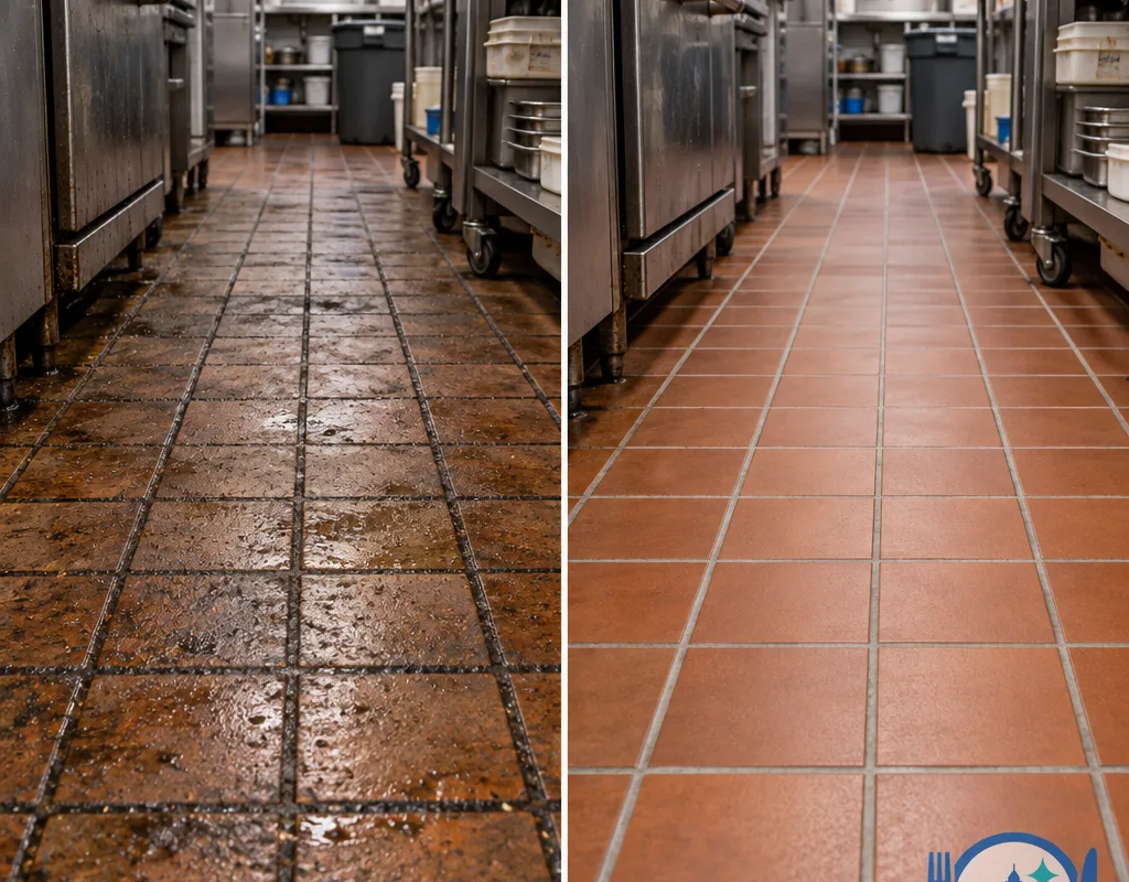 Before-and-after comparison of greasy quarry tile and dark grout restored to a clean matte surface with lighter grout lines