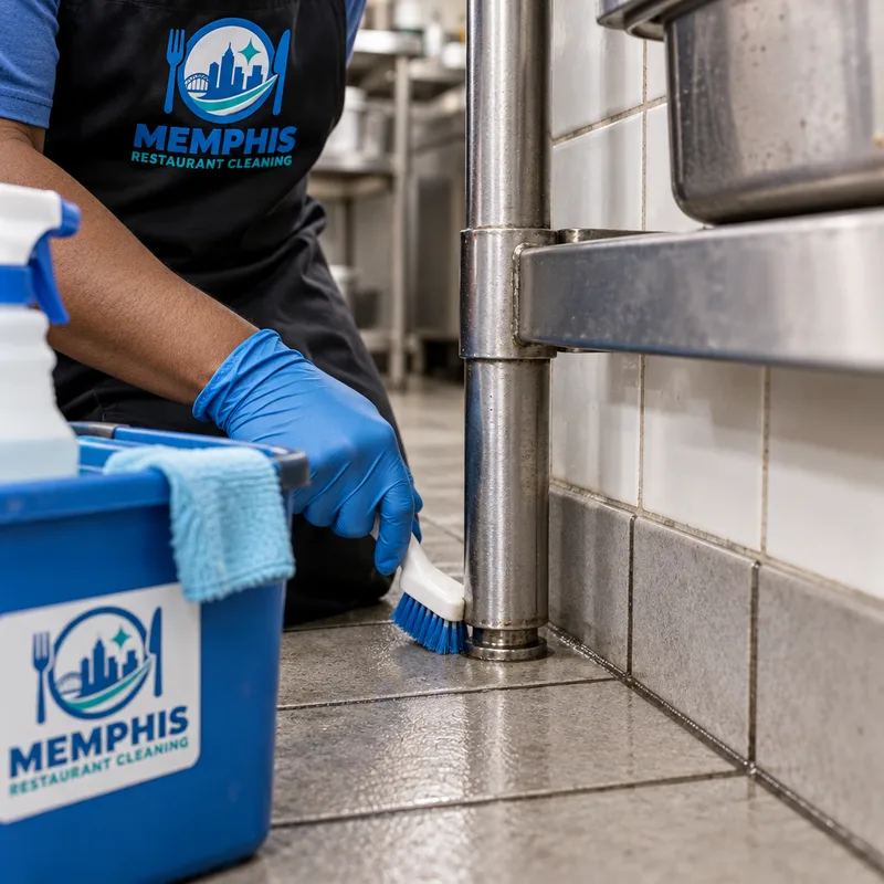 Clean tile texture and grout in a detailed corner behind a commercial prep table leg