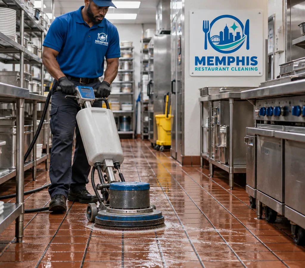 A technician scrubbing quarry tile in a Memphis restaurant kitchen with a low-profile floor machine and wet extraction path