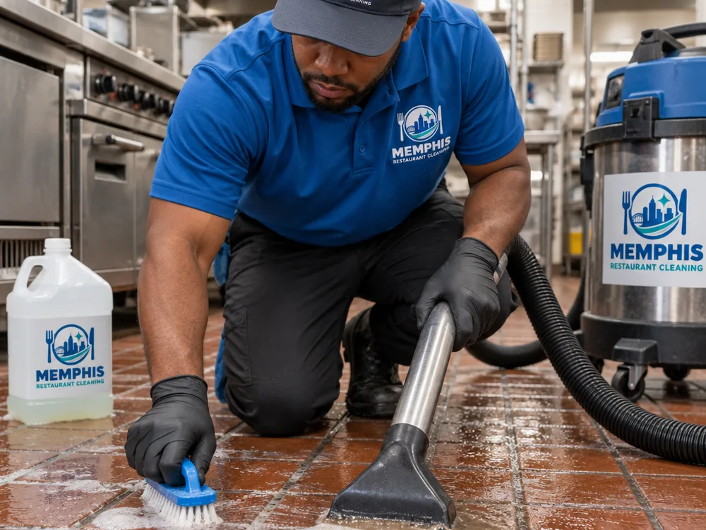 Quarry tile and grout being agitated with a brush while a wet vacuum recovery wand removes degreasing slurry