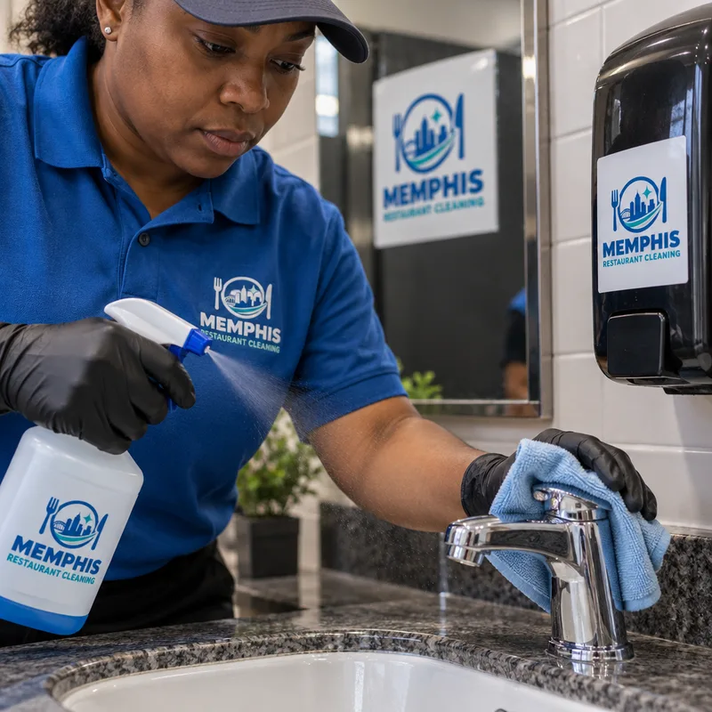 Cleaner disinfecting a restaurant restroom sink faucet, counter edge, and dispenser touchpoints