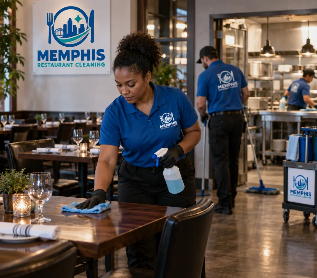 After-hours commercial cleaning crew sanitizing a restaurant dining area with the kitchen entry visible in the background