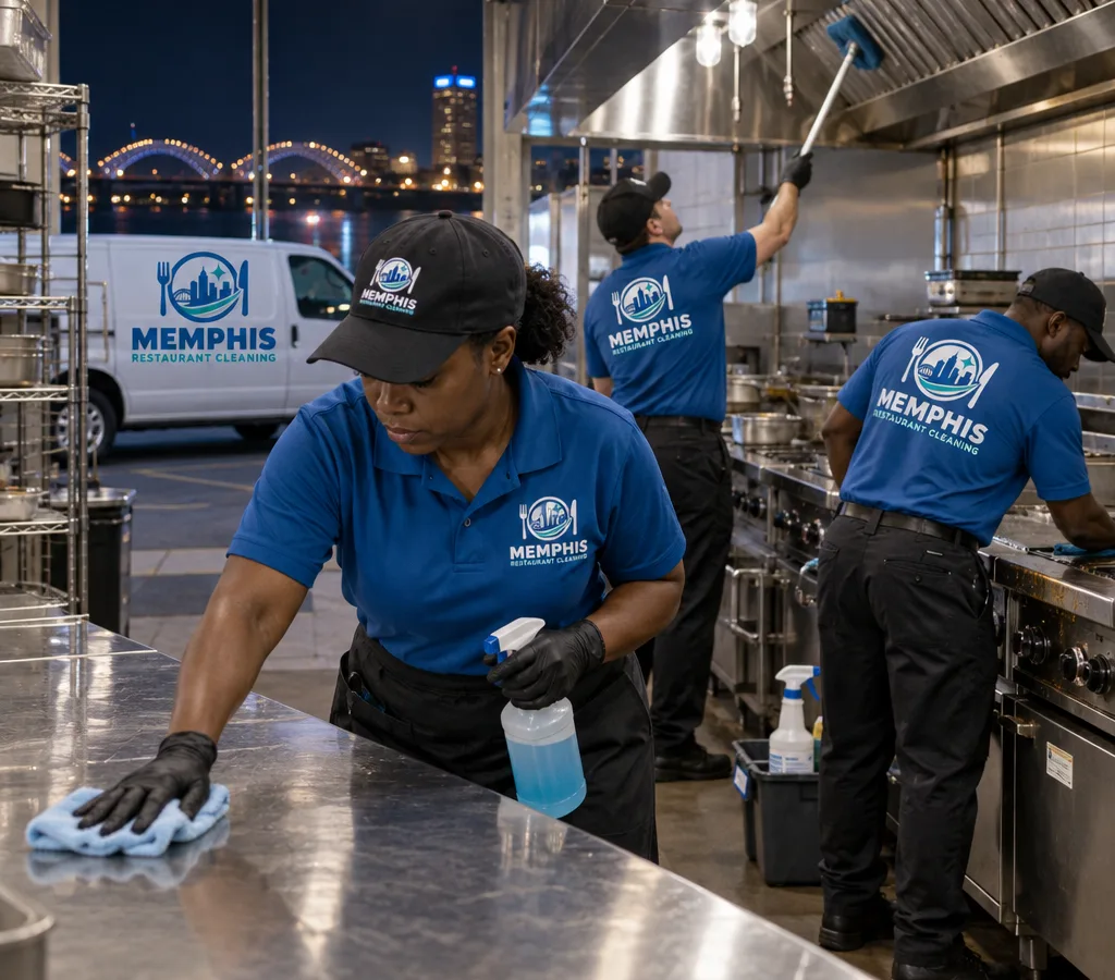 Nighttime commercial kitchen cleaning team in Southaven wiping stainless prep tables and degreasing a cook line beneath visible overhead surfaces