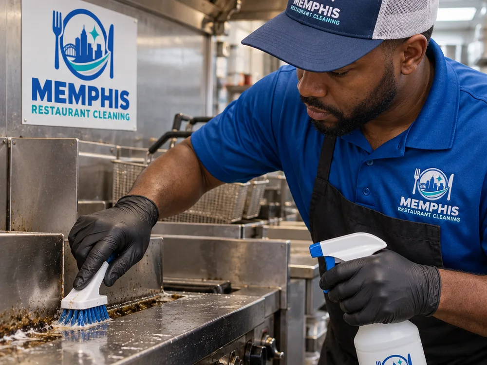 Technician detailing a commercial cook line edge and removing grease from stainless seams with food-safe cleaning tools