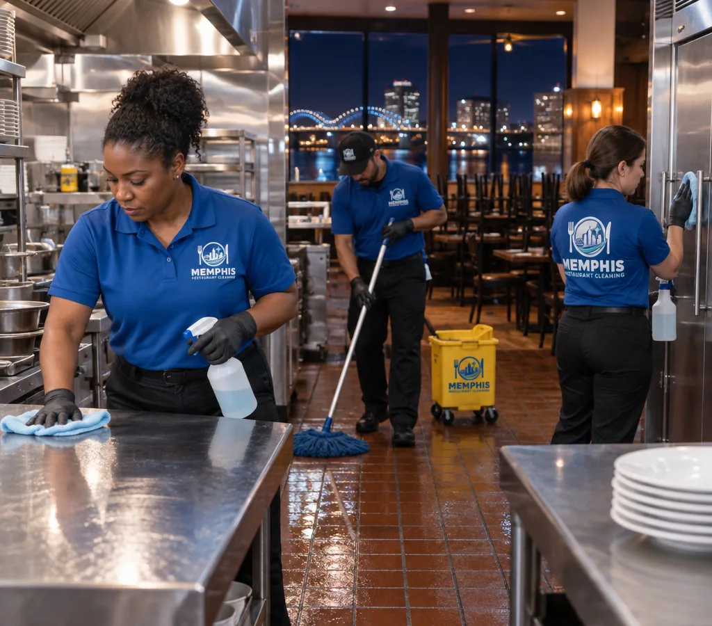 Night-time restaurant cleaning crew wiping stainless prep tables, mopping quarry tile, and sanitizing high-touch points