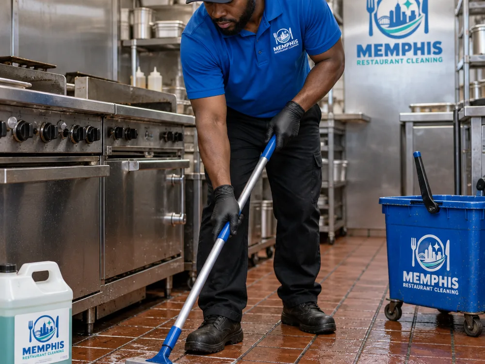 Cleaner using foodservice-safe degreaser on quarry tile beside a commercial cooking line