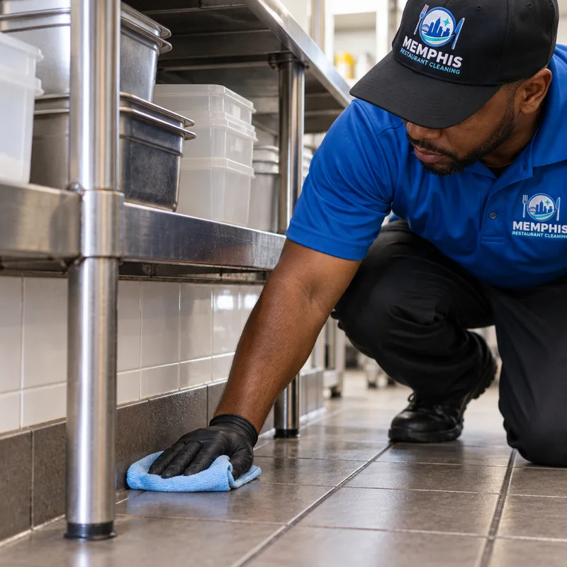 Cleaned commercial kitchen floor edge and baseboard behind a prep table with a dry, grease-free finish