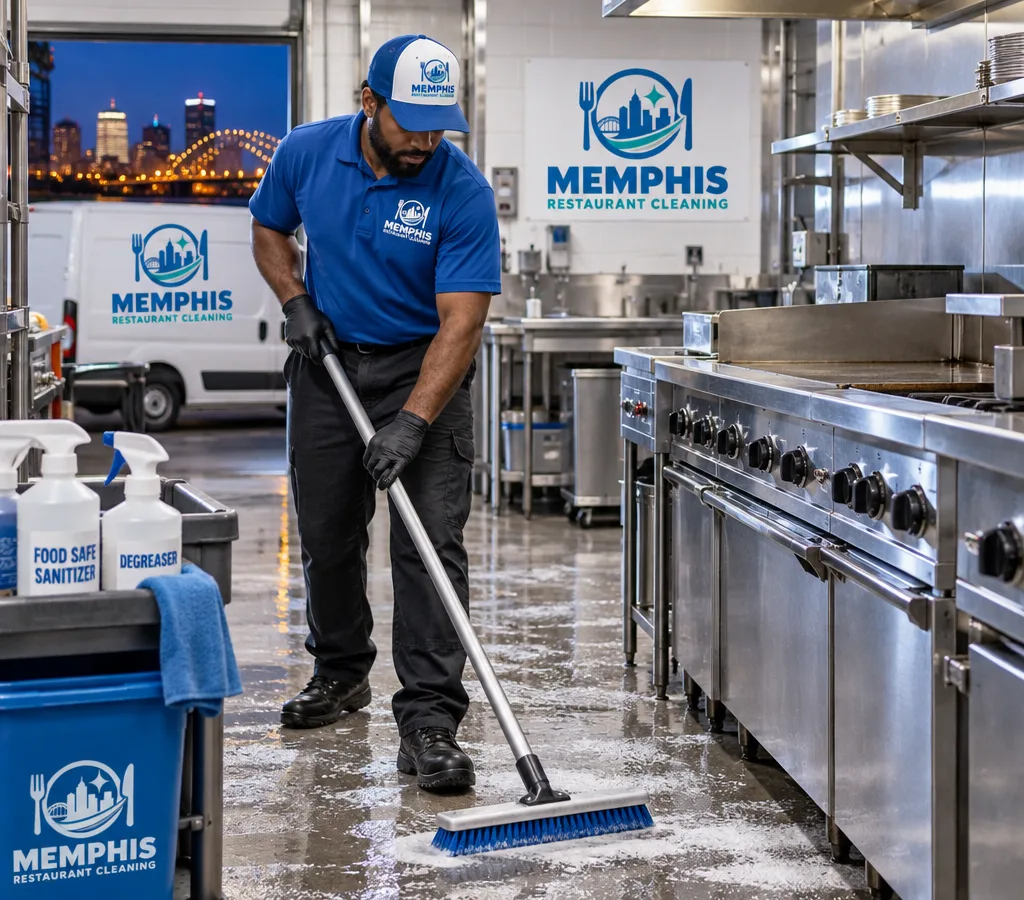 After-hours professional cleaner sanitizing a restaurant kitchen line with stainless surfaces, floor mats removed, and labeled food-safe supplies