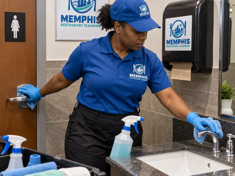 Cleaner disinfecting commercial restroom touch points with color-coded microfiber cloths and separated tools