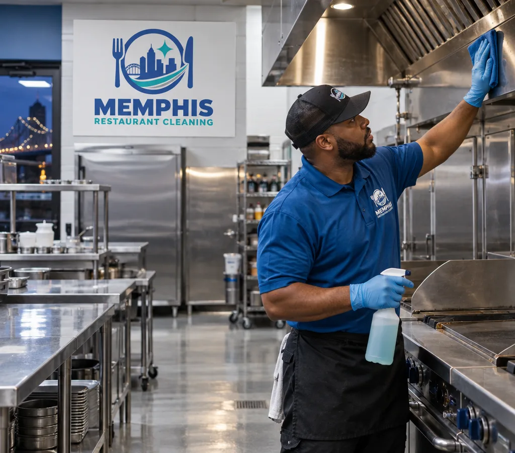 Cleaner wiping a hood-side surface in an after-hours commercial restaurant kitchen with stainless prep tables and a clean floor