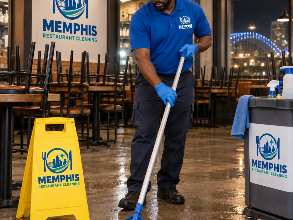 Cleaner mopping a restaurant dining area after close with chairs raised and a wet floor sign in place