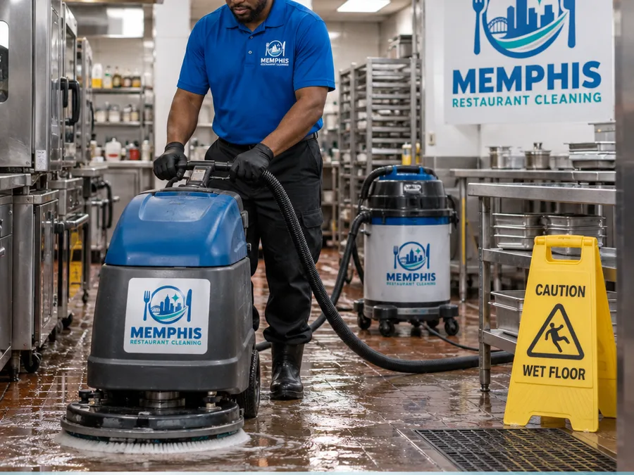 Cleaner operating a floor machine on restaurant tile with wet floor signage and the work area cleared for safety