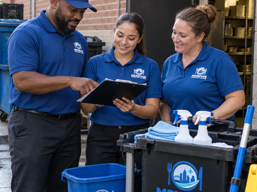 Restaurant cleaning team staging supplies and reviewing a checklist before work