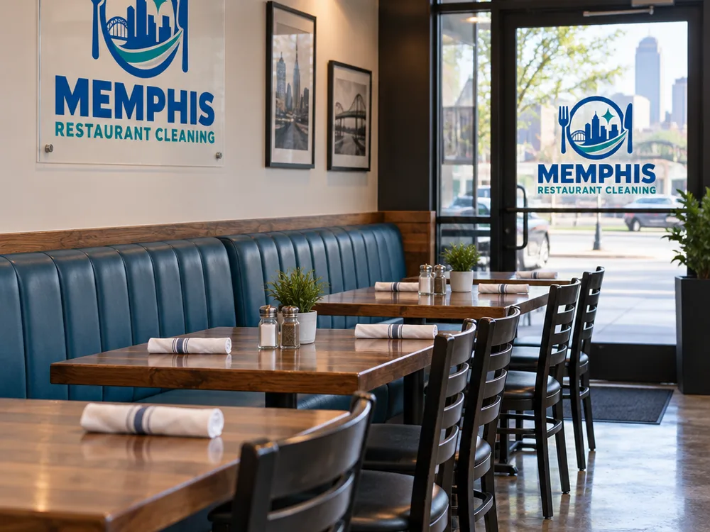 Restaurant dining area reset with aligned chairs, wiped tables, cleaned booth seams, and smudge-free entry glass